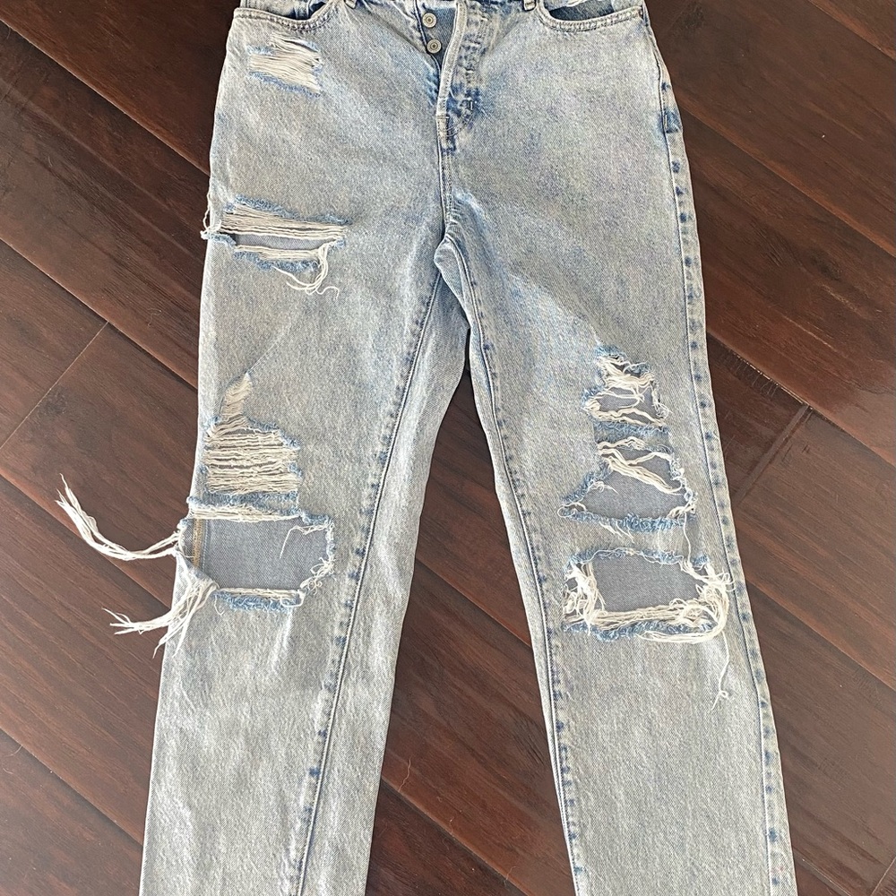 PacSun Blue Straight Leg Jeans with Distressed Details
